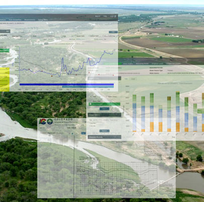 An aerial view of the Bijou Ditch diverting water from the South Platte River overlayed with graphs showing the streamflow and ditch diversions