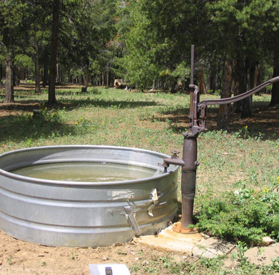 A well with an old wrought iron hand pump filling a large steel basin with water in a shaded field in Pleasant Park